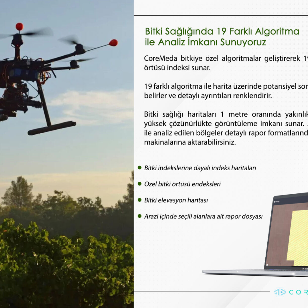 CoreMeda ile tarla ve bahçelerde drone görüntülerinden bitki stres analizi.